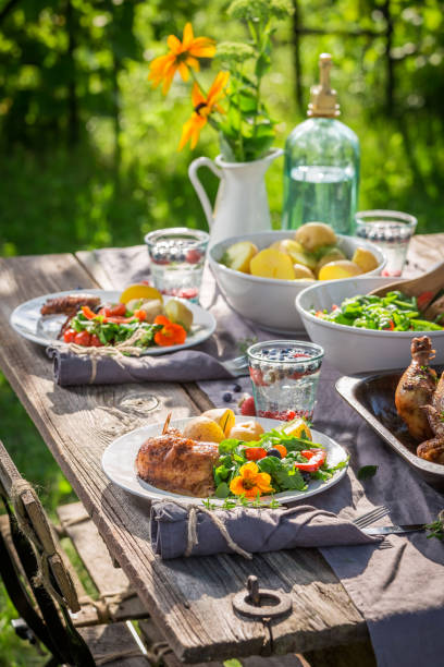 istock Dinner with chicken and vegetables served in summer garden 958469276