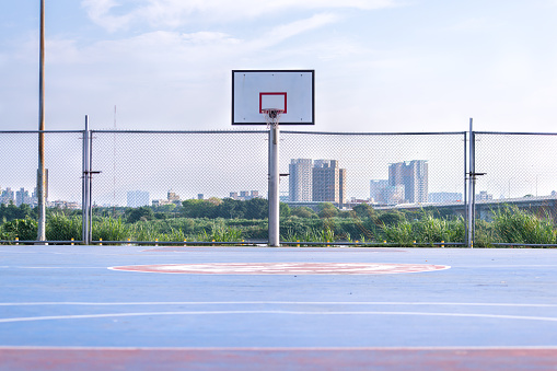 White basketball board on clear blue sky background. Street sport copy space