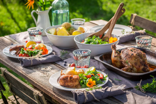 istock Dinner with chicken, salad and potatoes served in garden 958469340