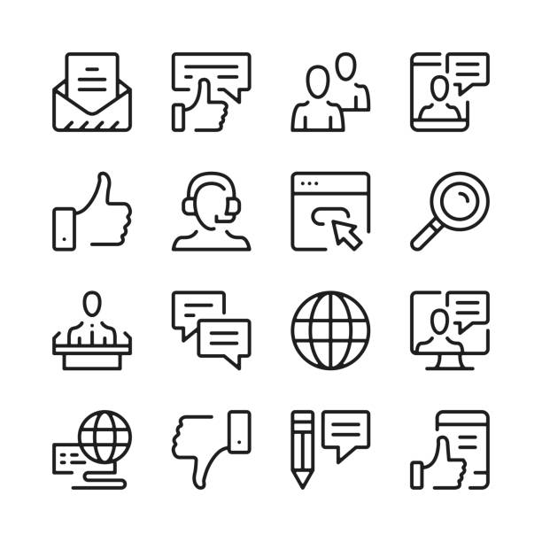 ilustraciones, imágenes clip art, dibujos animados e iconos de stock de conjunto de iconos de línea de comunicación. conceptos de diseño gráfico moderno, colección de elementos de contorno simple. iconos de línea del vector - skype sign apps computer icon