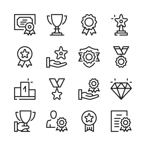 ilustraciones, imágenes clip art, dibujos animados e iconos de stock de premios la línea conjunto de iconos. conceptos de diseño gráfico moderno, colección de elementos de contorno simple. iconos de línea del vector - éxito