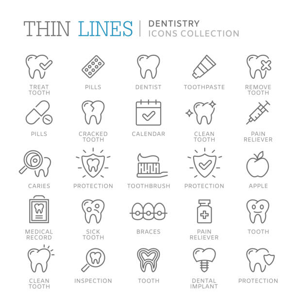 ilustraciones, imágenes clip art, dibujos animados e iconos de stock de colección de iconos de delgada línea de odontología. - dentist
