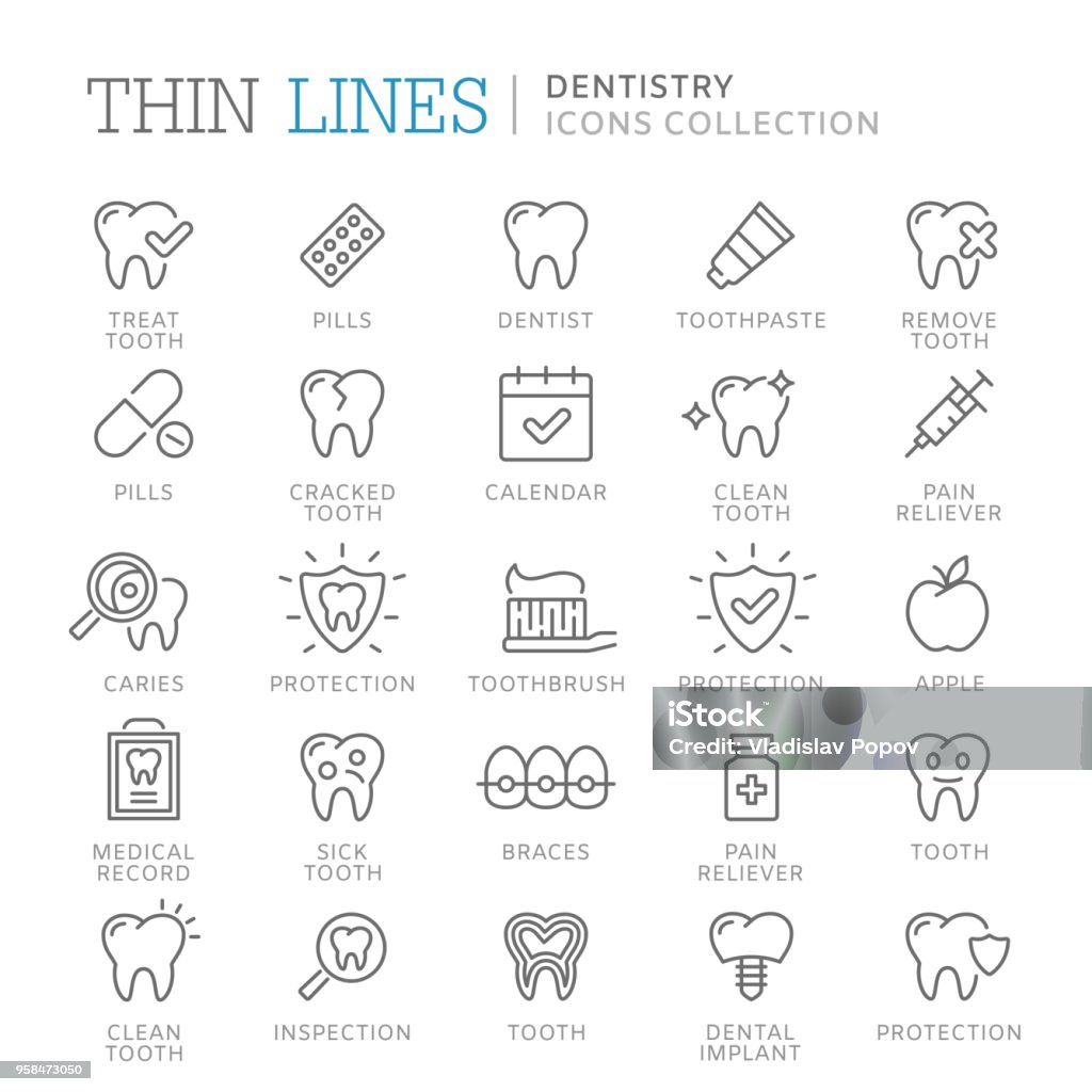 Collection d’icônes de fine ligne de dentisterie. - clipart vectoriel de Icône libre de droits