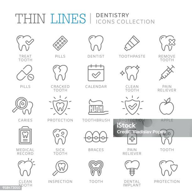 Collection Dicônes De Fine Ligne De Dentisterie Vecteurs libres de droits et plus d'images vectorielles de Icône - Icône, Hygiène dentaire, Équipement dentaire