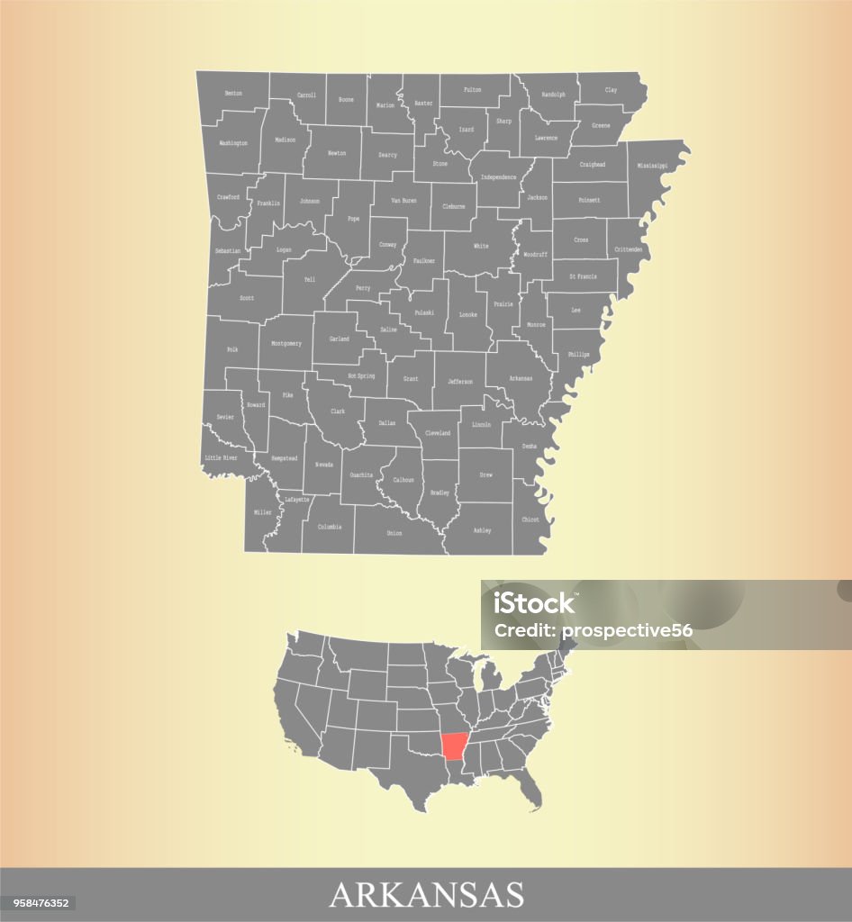 Arkansas county map vector outline illustration highlighted in USA map in grunge background Arkansas stock vector