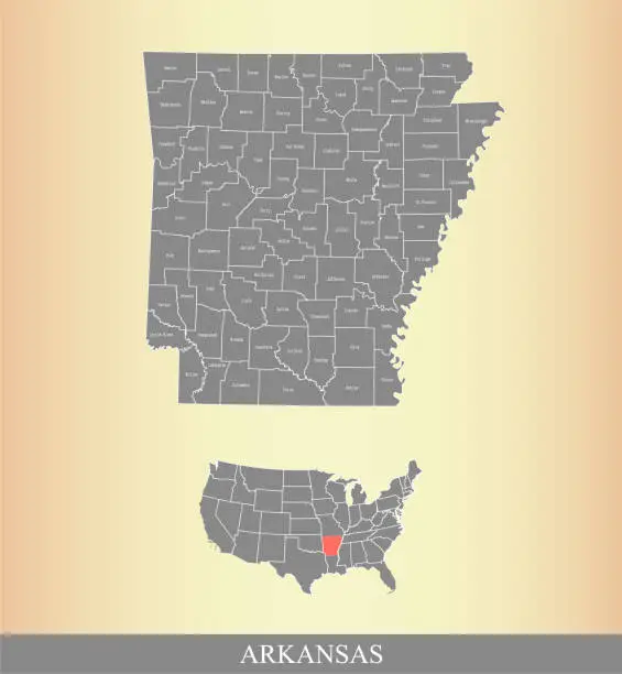 Vector illustration of Arkansas county map vector outline illustration highlighted in USA map in grunge background