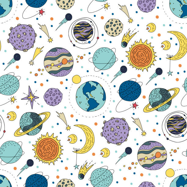 Seamless pattern with cosmos doodle illustrations Seamless vector pattern with cosmos doodle illustrations. Galaxy handdrawn elements. astronaut drawings stock illustrations