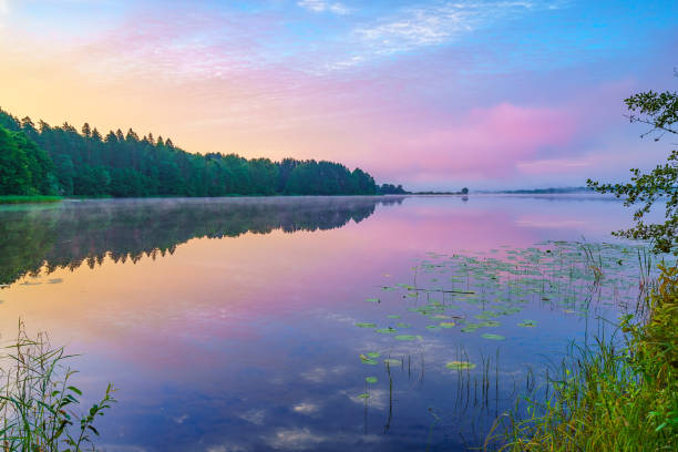 istock Bright sunrise on a lake 958479402