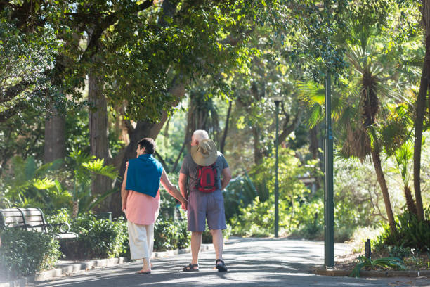 istock Senior couple walking in park 958479962