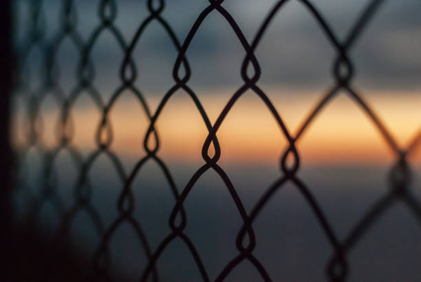 istock Gray and orange clouds at sunset through metal grid 958480658