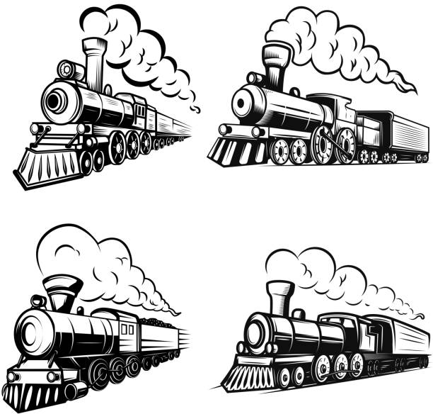 ilustraciones, imágenes clip art, dibujos animados e iconos de stock de conjunto de locomotoras retras sobre fondo blanco. elementos de diseño para la etiqueta, emblema, signo. - locomotora