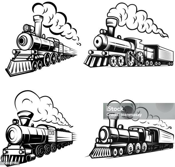 흰색 바탕에 복고 기관차의 집합입니다 레이블 상징 기호에 대 한 디자인 요소입니다 증기 기관차에 대한 스톡 벡터 아트 및 기타 이미지 - 증기 기관차, 기관차, 드로잉