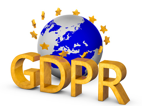 Golden GDPR 3D concept isolated on white with globe and golden european union starts