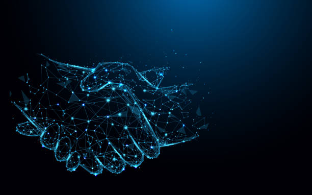 garis jabat tangan bisnis dan segitiga, arahkan jaringan penghubung pada latar belakang biru. ilustrasi vektor - jabat tangan ilustrasi stok