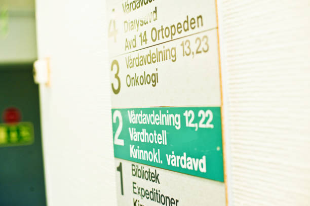 Swedish Sign: Direction To The Orthopaedic, Oncology, Library and ICU (In Swedish) stock photo