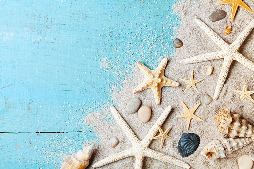 Summer background from seashell, starfish and sand on blue table top view. Vintage style.