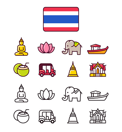 Thailand icons set. Traditional Thai national symbols. 2 styles, colored cartoon line icons and black outlines.