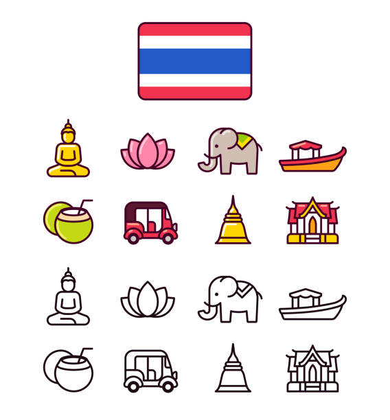 Thailand icons set Thailand icons set. Traditional Thai national symbols. 2 styles, colored cartoon line icons and black outlines. wat stock illustrations