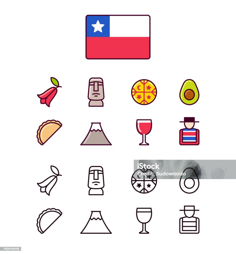 Chile icons set Chile icons set. Traditional Chilean national symbols. 2 styles, colored cartoon line icons and black outlines. Chile stock vector