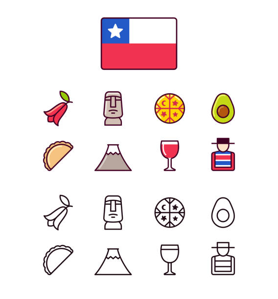 Chile icons set Chile icons set. Traditional Chilean national symbols. 2 styles, colored cartoon line icons and black outlines. chilean wine stock illustrations