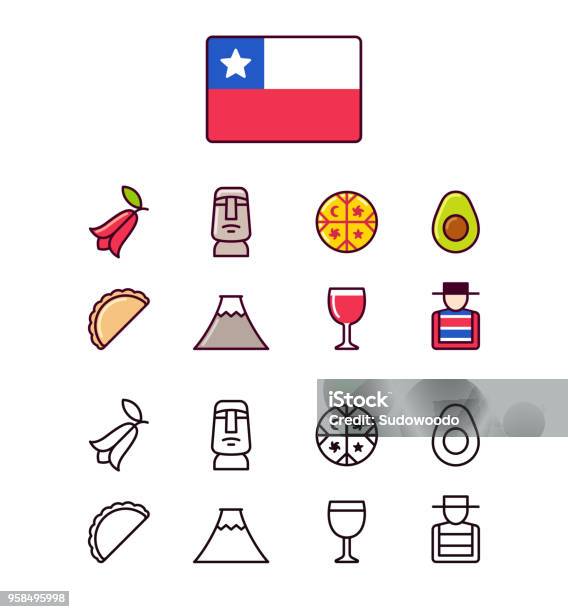 Chile Icons Set Stock Illustration - Download Image Now - Chile, Empanada, Chilean Bellflower