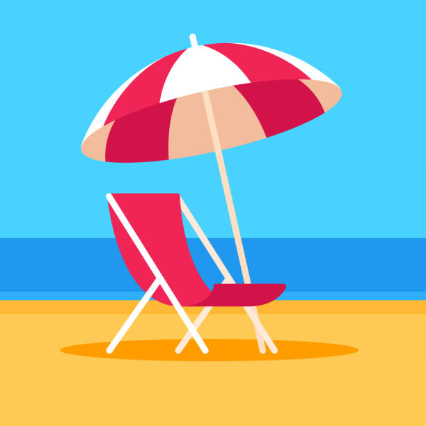 Beach scene with chair and umbrella Summer vacation vector illustration. Beach scene with umbrella and beach chair, flat cartoon style. deck chair stock illustrations