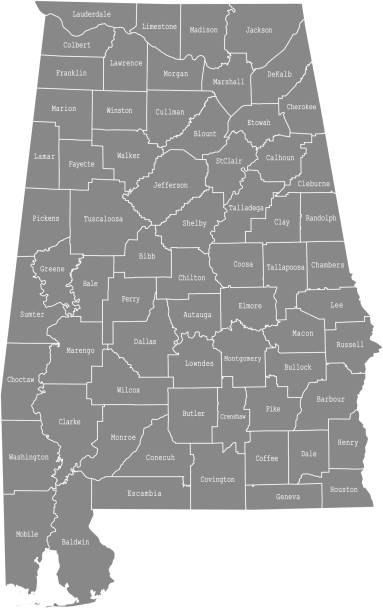 Alabama county map vector outline, state of USA, in gray background Alabama county map vector outline, state of USA, in gray background alabama us state stock illustrations