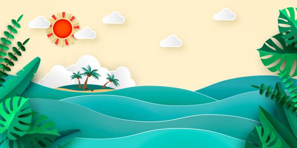 ilustrações de stock, clip art, desenhos animados e ícones de sea island palm tropical leaves sun clouds in papercut style. advertising banner for promotion travel services vector illustration - wave island palm tree sea