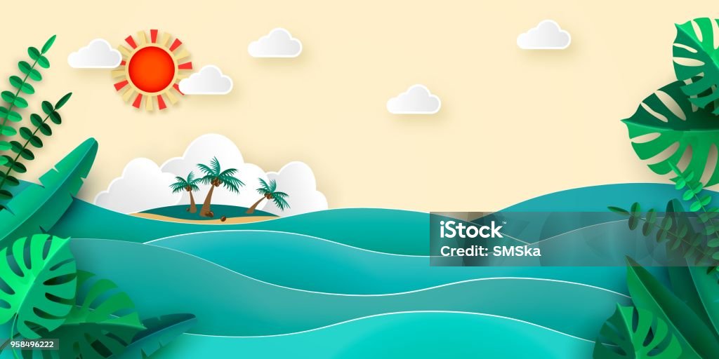 Sea island palm tropical leaves sun clouds in papercut style. Advertising banner for promotion travel services Vector illustration Sea island palm tropical leaves sun clouds in papercut style. Advertising banner for promotion travel services Vector illustration EPS 10 Beach stock vector