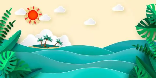 Vector illustration of Sea island palm tropical leaves sun clouds in papercut style. Advertising banner for promotion travel services Vector illustration