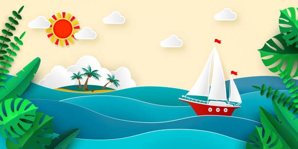 Sailboat in the sea Sun Clouds Tropical island Paper style Tropical leaves Sailboat in the sea Sun Clouds Tropical island with beach and coconut palms Tropical leaves Vector illustration for advertising travel tourism cruises travel agency discounts and sales Paper style white sailboat silhouette stock illustrations