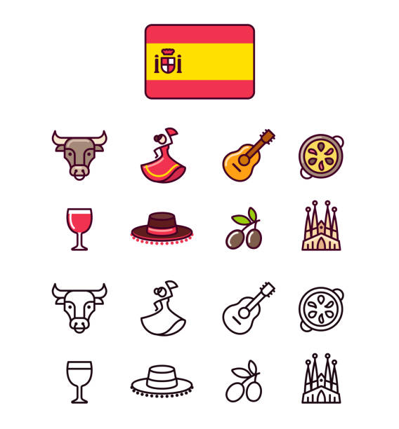 Spain icons set Spain icons set. Traditional Spanish signs and symbols. 2 styles, colored cartoon line icons and black outlines. blood sport stock illustrations