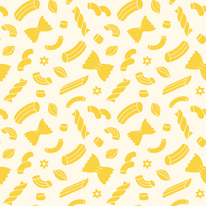 Seamless pattern of traditional pasta shapes. Different types of macaroni. Vector illustration.