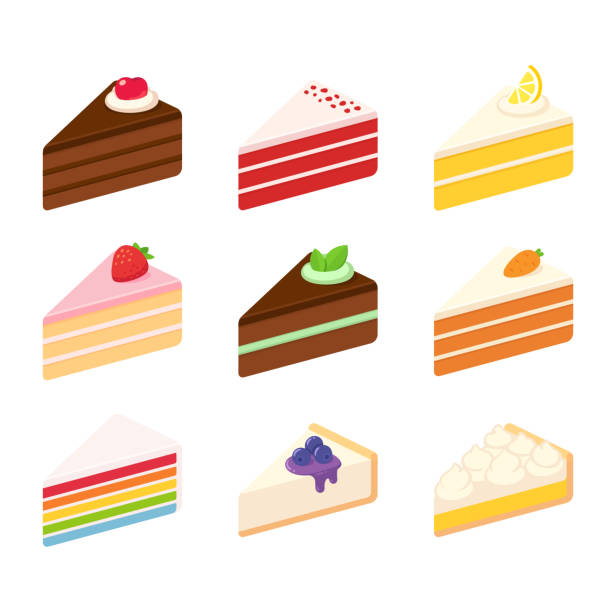 Cakes illustration set Different cake slices set. Layered sponge cakes with fruit and chocolate, cheesecake, pie. Isolated vector illustration. chocolate clipart stock illustrations