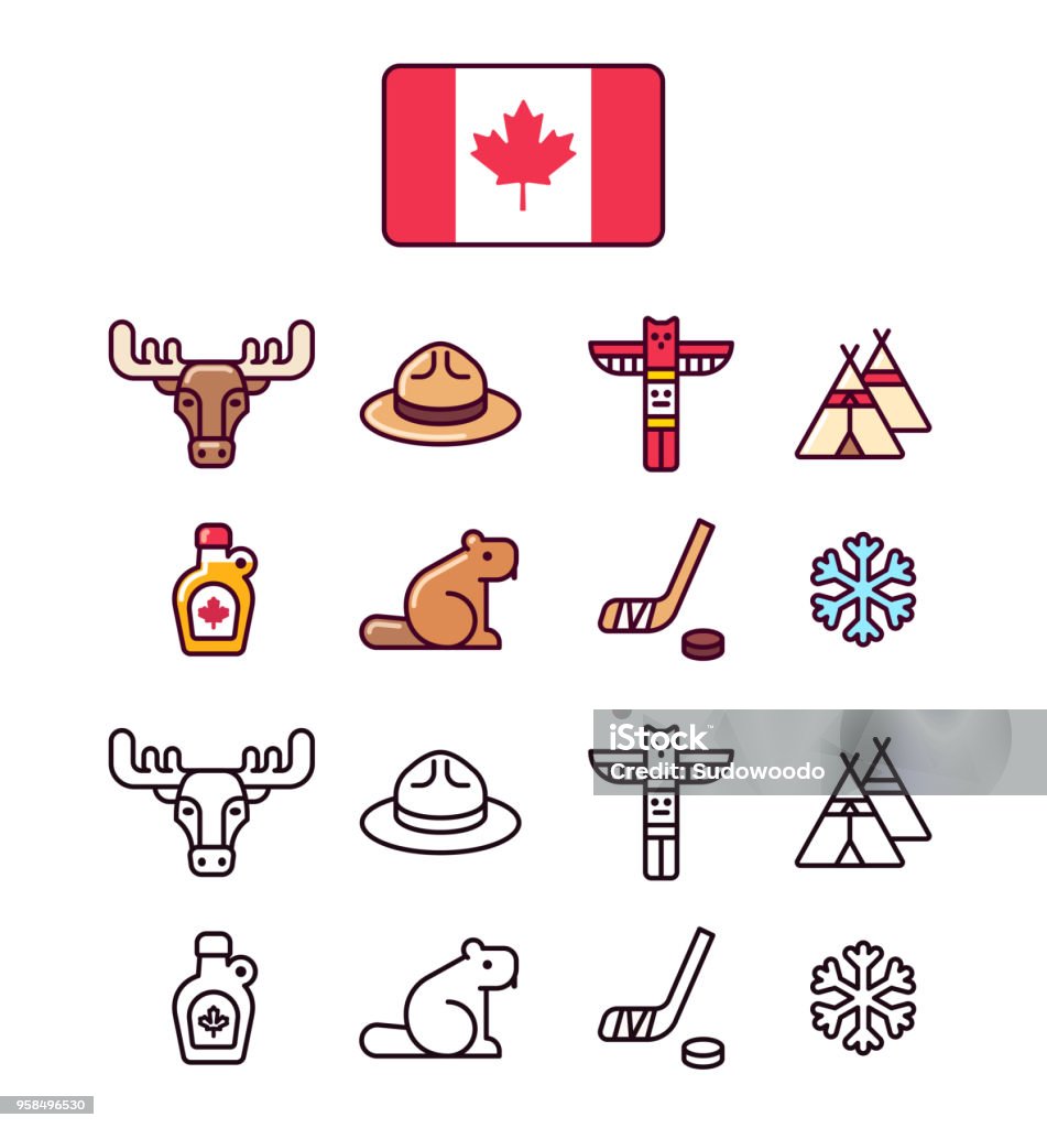 Canada icons set Canada icons set. Traditional Canadian signs and symbols. 2 styles, colored cartoon line icons and black outlines. Canada stock vector