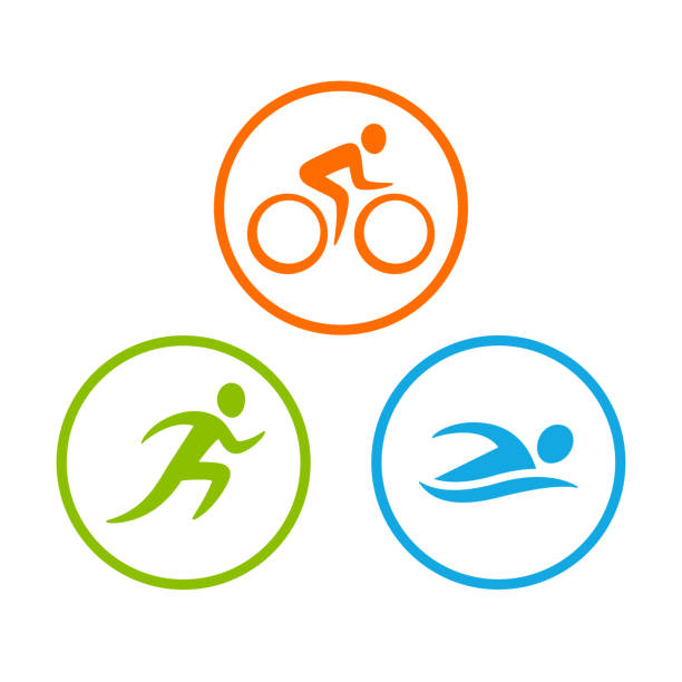 ilustraciones, imágenes clip art, dibujos animados e iconos de stock de conjunto de símbolos de triatlón - triathlon