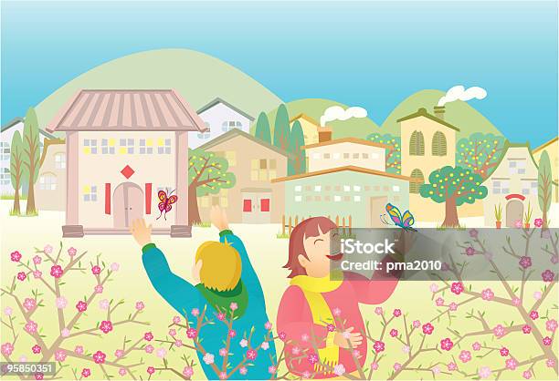 Дети Преследовать Бабочки — стоковая векторная графика и другие изображения на тему Деревня - Деревня, Китайского происхождения, Культура Китая