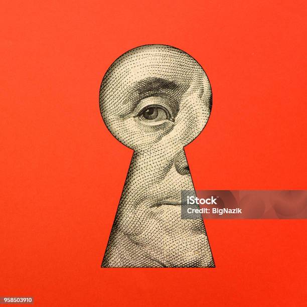 Benjamin Franklins Eye In The Keyhole Stock Photo - Download Image Now - Eye, Keyhole, Currency