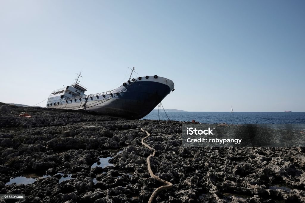 ship aground in Malta Beach Stock Photo