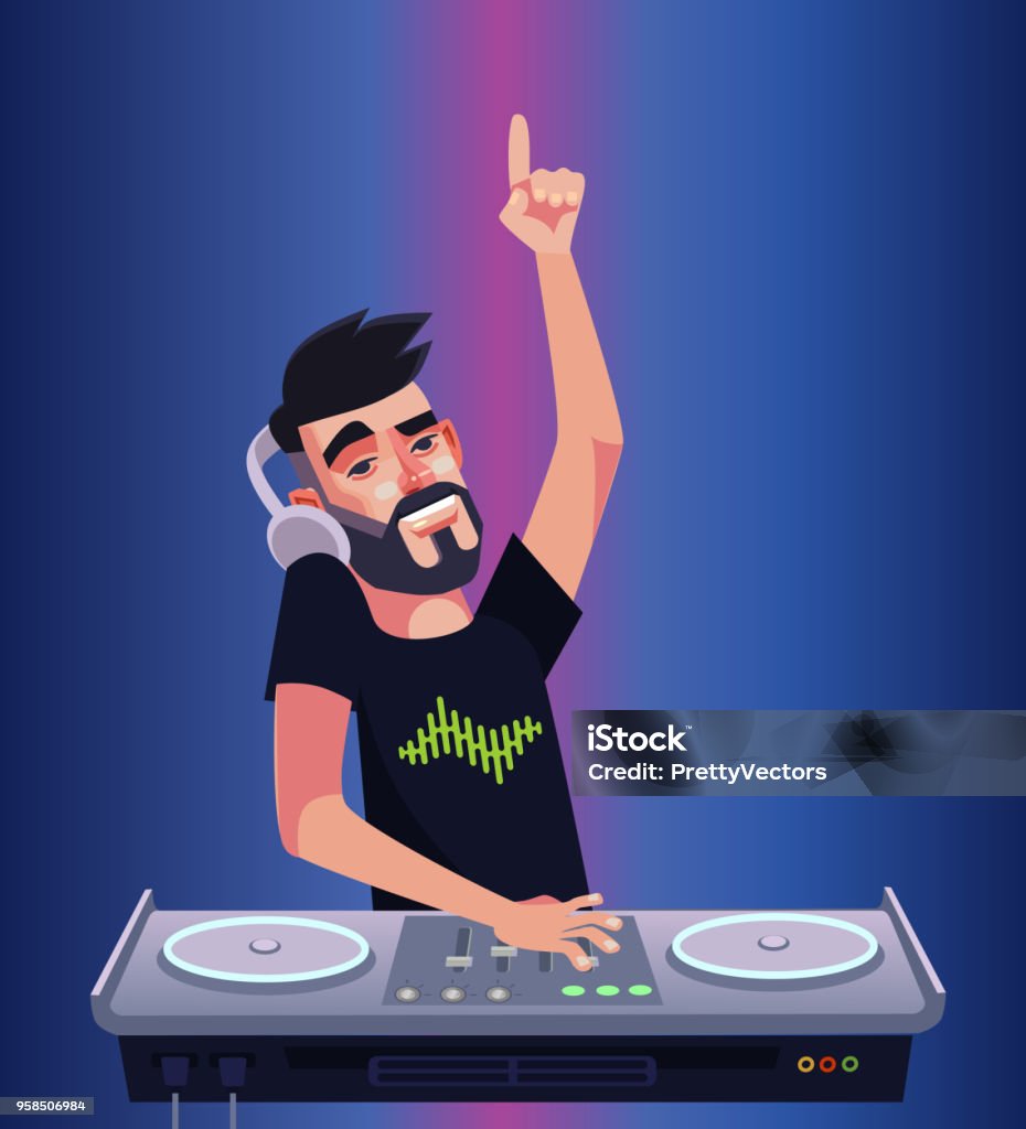 DJ boy man character mixer making music and having fun hands up. Night club disco bar isolated cartoon vector illustration DJ boy man character mixer making music and having fun DJ stock vector