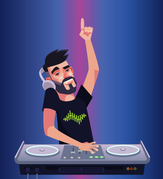 DJ boy man character mixer making music and having fun hands up. Night club disco bar isolated cartoon vector illustration DJ boy man character mixer making music and having fun dj decks stock illustrations