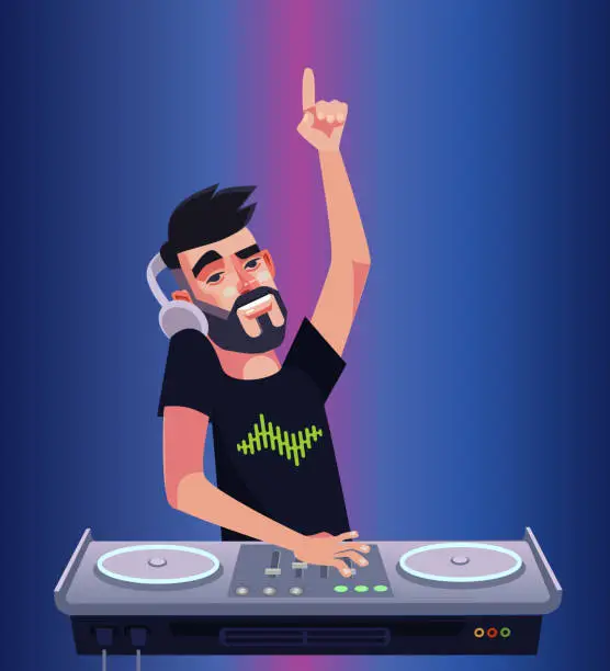 Vector illustration of DJ boy man character mixer making music and having fun hands up. Night club disco bar isolated cartoon vector illustration