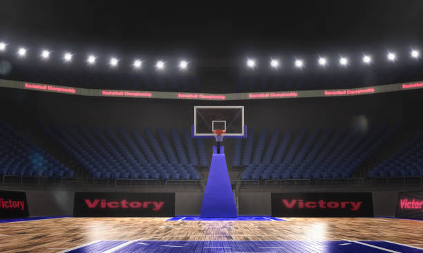 rendering 3d dello stadio di basket con luci - deep of field foto e immagini stock