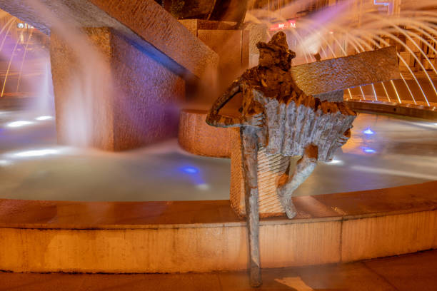 LOULE, PORTUGAL - CIRCA MAY 2018: Water fountain at night in the old town of Loule at the Algarve of Portugal in Europe.