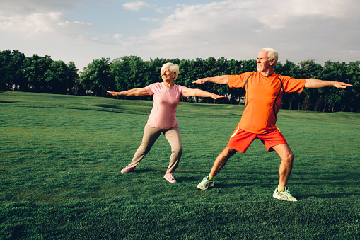 senior man and woman are outdoors in a park. They are wearing casual exercise clothing and practicing yoga .