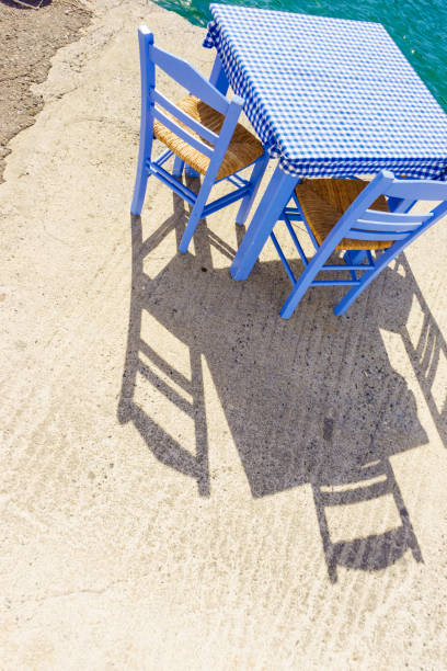 istock Open cafe outdoor restaurant in Greece on sea shore 958511768