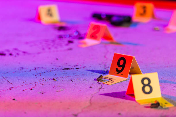Shell Casing Evidence A shell casing is marked with an evidence marker within a crime scene. crime scene stock pictures, royalty-free photos & images