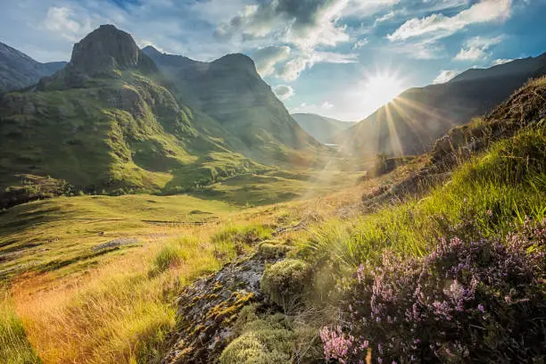 Valley view below the mountains of Glencoe, Lochaber, HIghlands, Scotland, UK