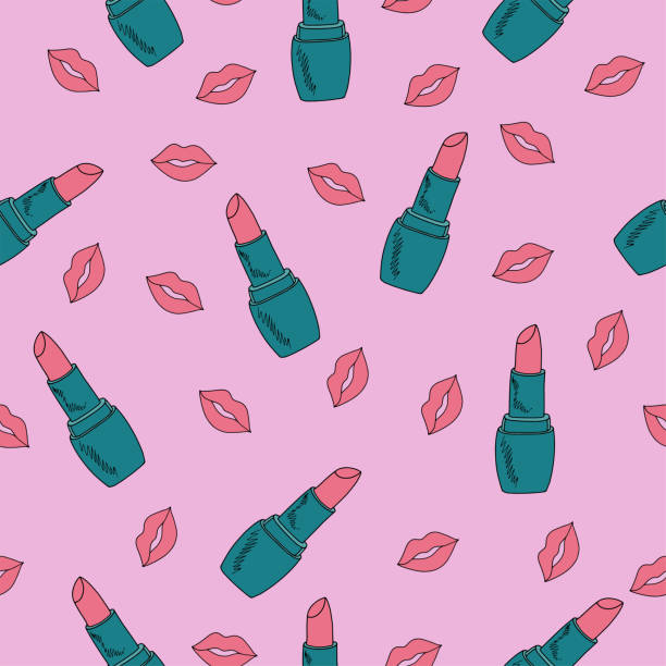 vector seamless pattern with bright juicy lips red and lipstick vector seamless pattern with bright juicy lips red and lipstick turquoise blue for printing and textile on pink background paris red lips stock illustrations