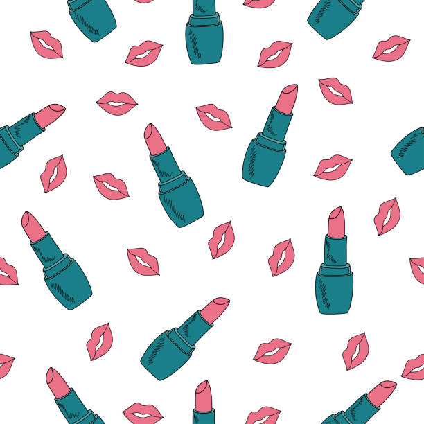 vector seamless pattern with bright juicy lips pink  and lipstick turquoise blue for printing and textile on white background vector seamless pattern with bright juicy lips pink  and lipstick turquoise blue for printing and textile on white background paris red lips stock illustrations